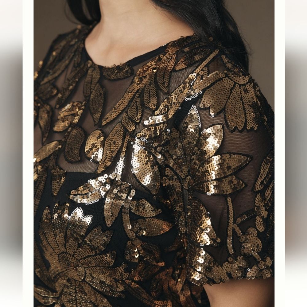 Maeve Anthropologie Short Sleeve Sheer Embellished Mini Dress Black Gold Size SP - Picture 2 of 15